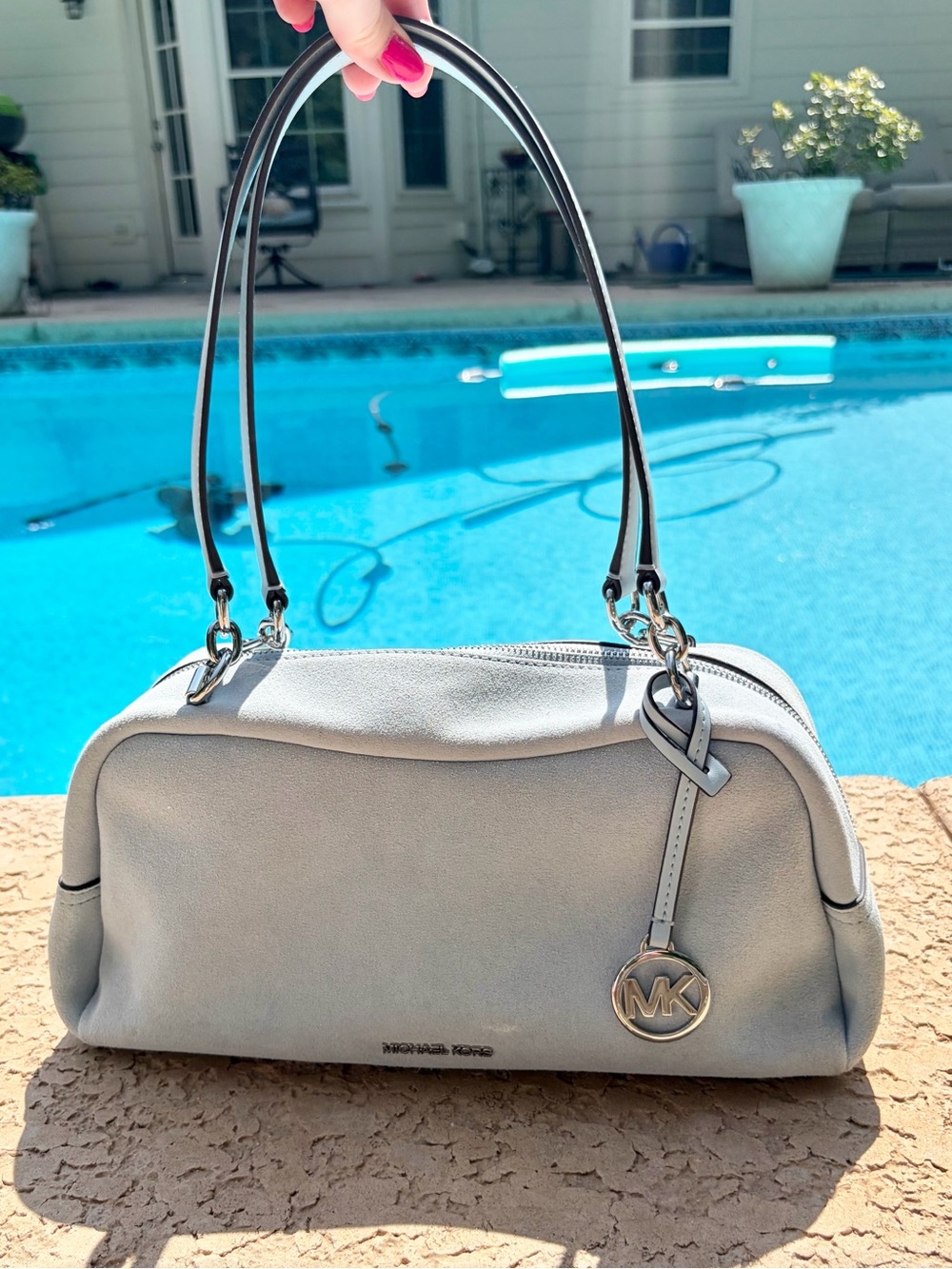 Michael Kors Cecily Medium Suede Shoulder Bag - Pale Ocean - Picture 2 of 12